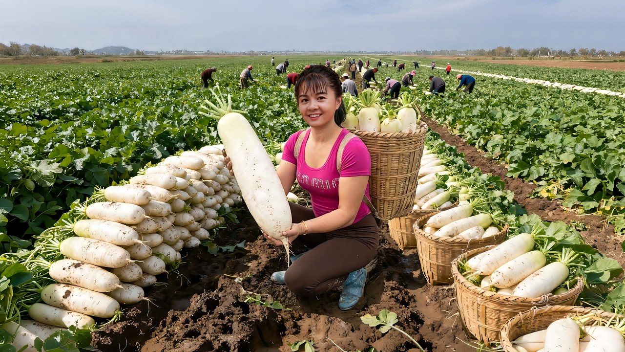 Incrível colheita de rabanete branco gigante, deu trabalho levar pro mercado de tanto que tinha.🥬🤍🥕