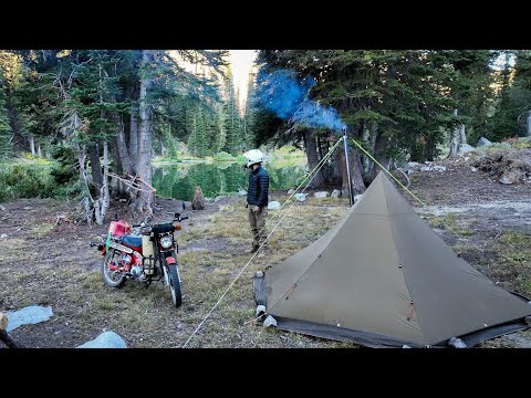 Moto-Camping ALONE at a Remote Alpine Lake With my Hot Tent & Vintage Trail Bike