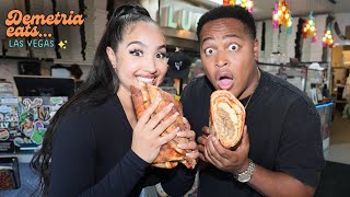 Demetria Eats: PHILLY CHEESESTEAK BURRITO PIZZA w/ @LATRYGUY 😱 in #Vegas-  food challenge!