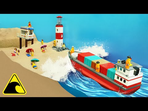 Ships Crash onto Busy Beach - Sinking Lego Boats - Tsunami Dam Breach Experiment