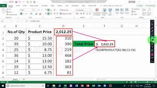 How to calculate total price for products in MS Excel 2019 | Sumproduct formula