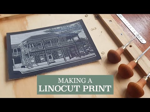 Linocut printmaking process: Transfer, carving, and printing. Relaxing time-lapse.