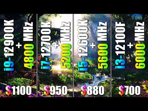 i3 12100F + 6000MHz vs i5 12600K + 5600MHz vs i7 12700K + 5200MHz vs i9 12900K + 4800MHz