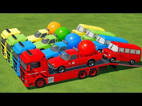 TRANSPORT MINI SCHOOL BUS & COLORED PICKUP CARS WITH MAN TRUCKS - Farming Simulator 22