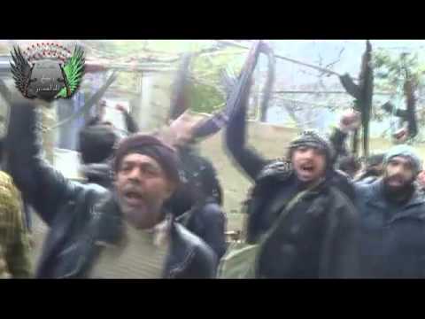 احتفال كتيبة شهداء الغوطة بعد السيطرة على عدد من المواقع قرب المتحلق الجنوبي في بلدة عربين في ريف دمشق ضمن معركة "ربيع المجاهدين"