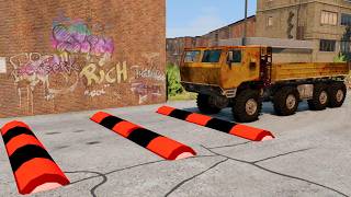 Trucks cars and bus Vs speed bumps large gutter and mega jump on a bumpy road BeamNG part 6