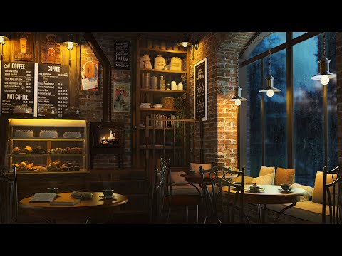Cozy Coffee Shop Ambience with Relaxing Jazz Music, Rain Sounds and Crackling Fireplace - 8 Hours