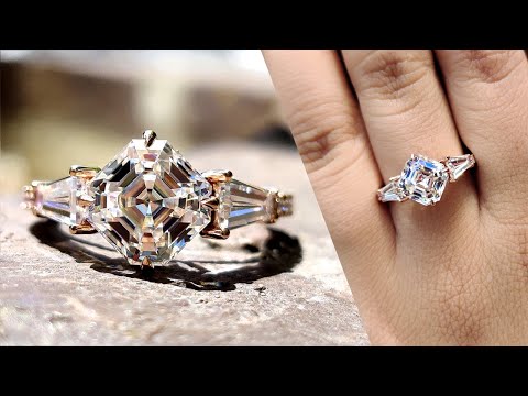 3.69 TCW Octavia and Tapered Baguette Colorless Moissanite Three Stone Hidden Halo Engagement Ring