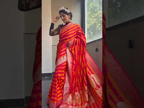 Orange and Pink Striped Mushroo Silk Banarasi Saree with All-Over Zari Blouse