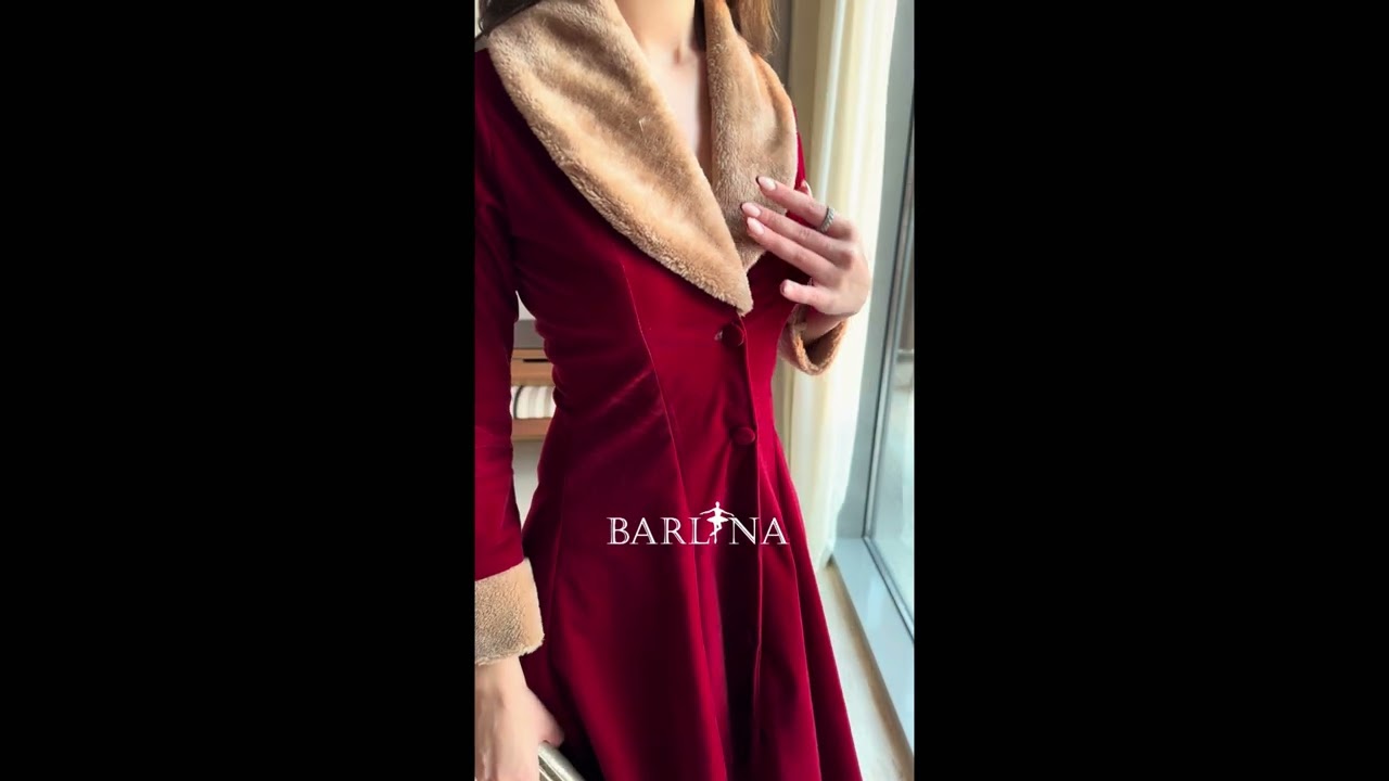 Burgundy velvet coat with soft beige fur - XXL