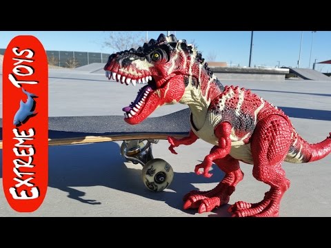 Toy T-Rex Shredding and the Skate Park!  Dinosaur Toy learns to Ride a Skateboard. Video