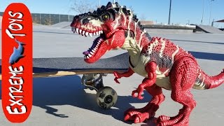 Toy T-Rex Shredding and the Skate Park!  Dinosaur Toy learns to Ride a Skateboard.