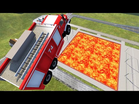 Cars vs Lava Pools Fire Truck, School Bus, Camionette #5 – BeamNG.Drive