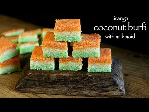 coconut barfi recipe with milkmaid | tri colour coconut burfi or nariyal barfi