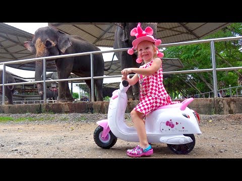 Funny Baby Stacy playing at the zoo and feeds animals / Video for kids