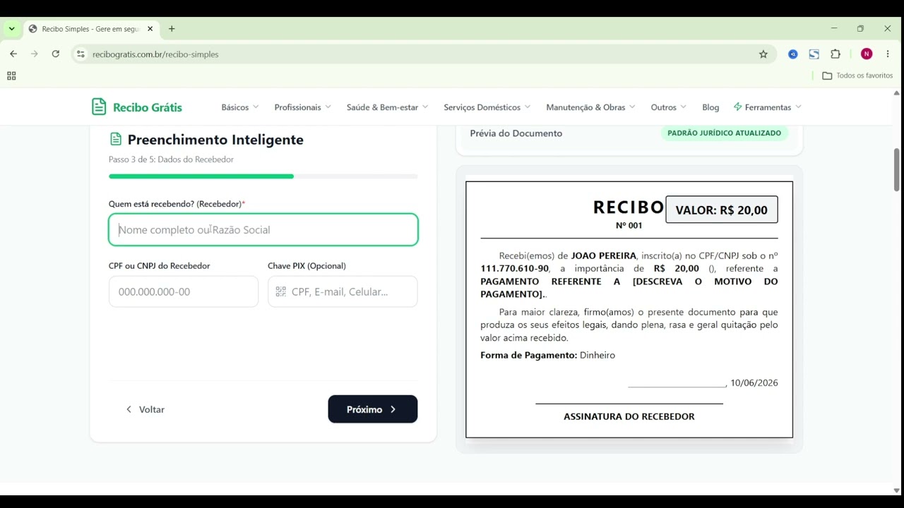 Como preencher recibo simples online passo a passo