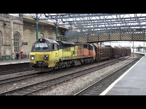 Colas Rail 70808 Log Train passing Carlisle