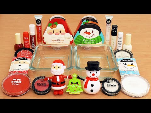 Santa vs Snowman Christmas Slime - Mixing Makeup Into Slime ASMR