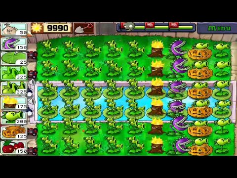 Plants vs zombies - peaters, chombers and other plants planted in a row and complete Pool level 8.