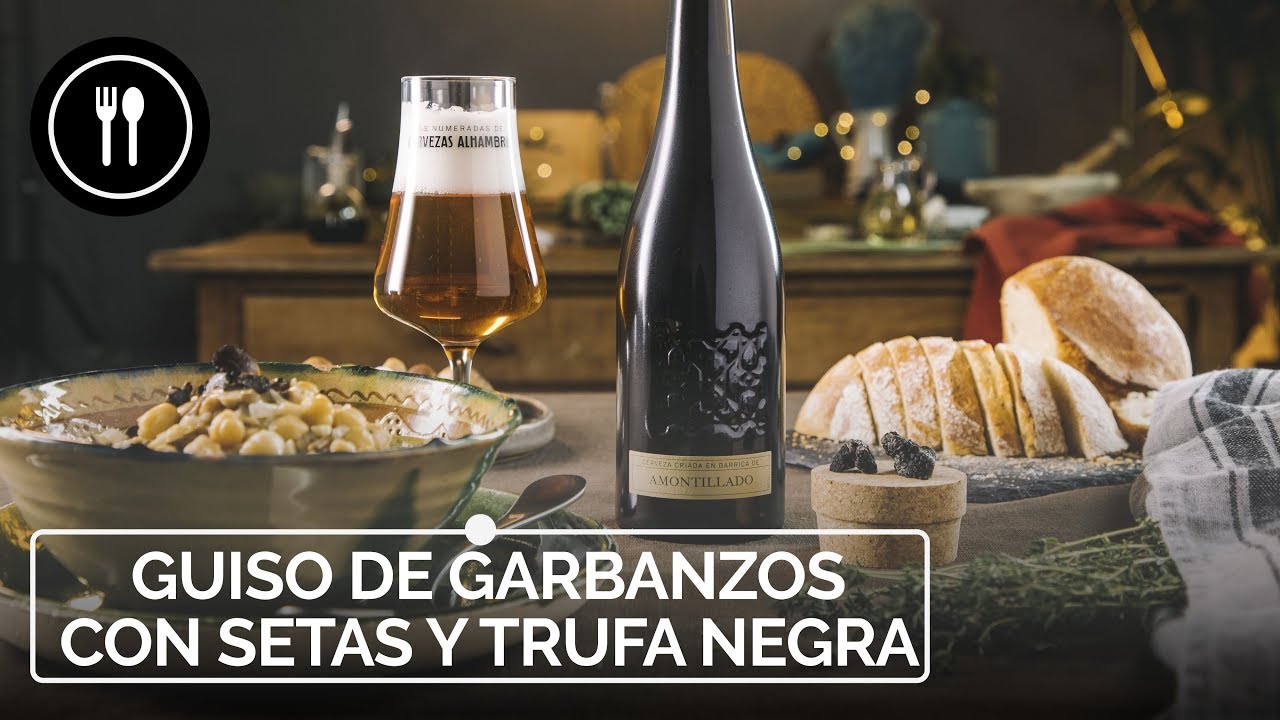 Guiso de garbanzos con setas y trufa negra, maridada con Alhambra criada en barrica de Amontillado