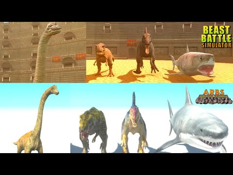 SPINO + T REX + MEGALODON + BRACHIOSAURUS COMPARISON - ANIMAL REVOLT BATTLE SIMULATOR