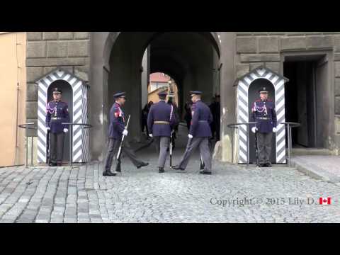 Changing of the guard at the PRAGUE CASTLE, in the Czech Republic. High quality video.