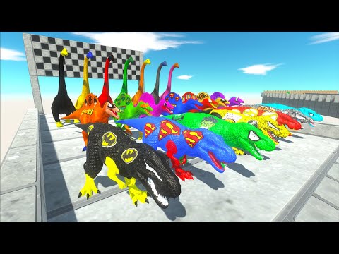 T-rex vs Spino vs Brachiosaurus Superheroes Speed Race Championship Hunting Found Jurassic world