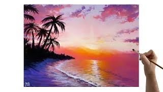 TROPICAL BEACH ACRYLIC PAINTING TUTORIAL Step by step for beginners to intermediate sunset palm tree