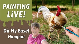 Painting feathers tips, Acrylic painting of a rooster, artist’s hangout in Studio Live w/ Annie Troe