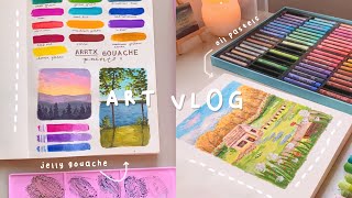 art vlog 🍊 unboxing new gouache paints,  painting 🎨 drawing a landscape using oil pastels ✍️