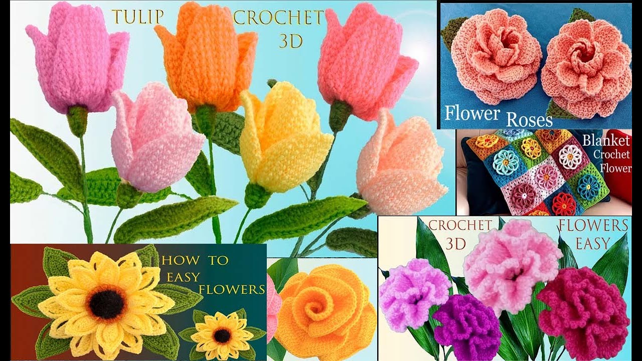 Como hacer Flores a Crochet Tulipanes Rosas Claveles Girasoles