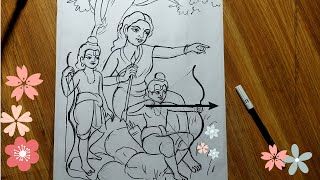 easy line drawing luv kush and mata sita step by step,how to draw luv and kush