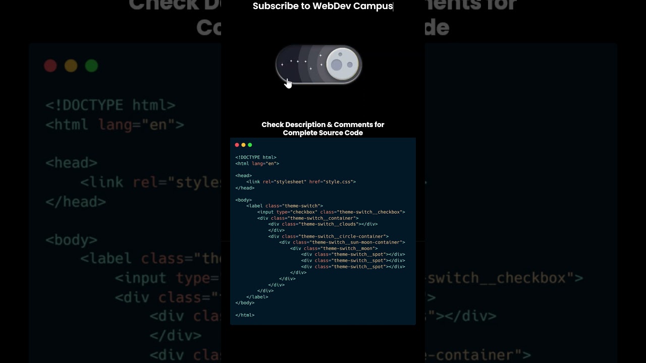 CSS Dark Mode Toggle Button with Animated Moon & Sun Effect | Source Code