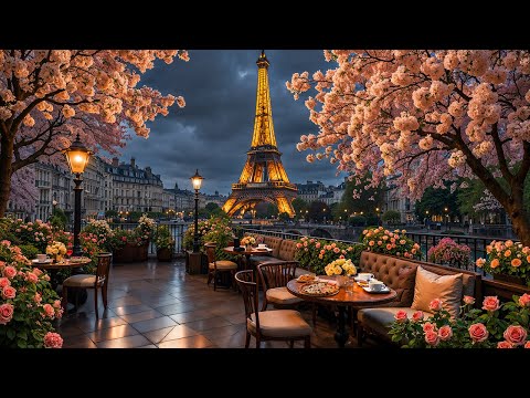 Paris Blossom Night Café Jazz ☕ Sweet Jazz Music & Outdoor Bossa Nova for Reading, Focus & Calm