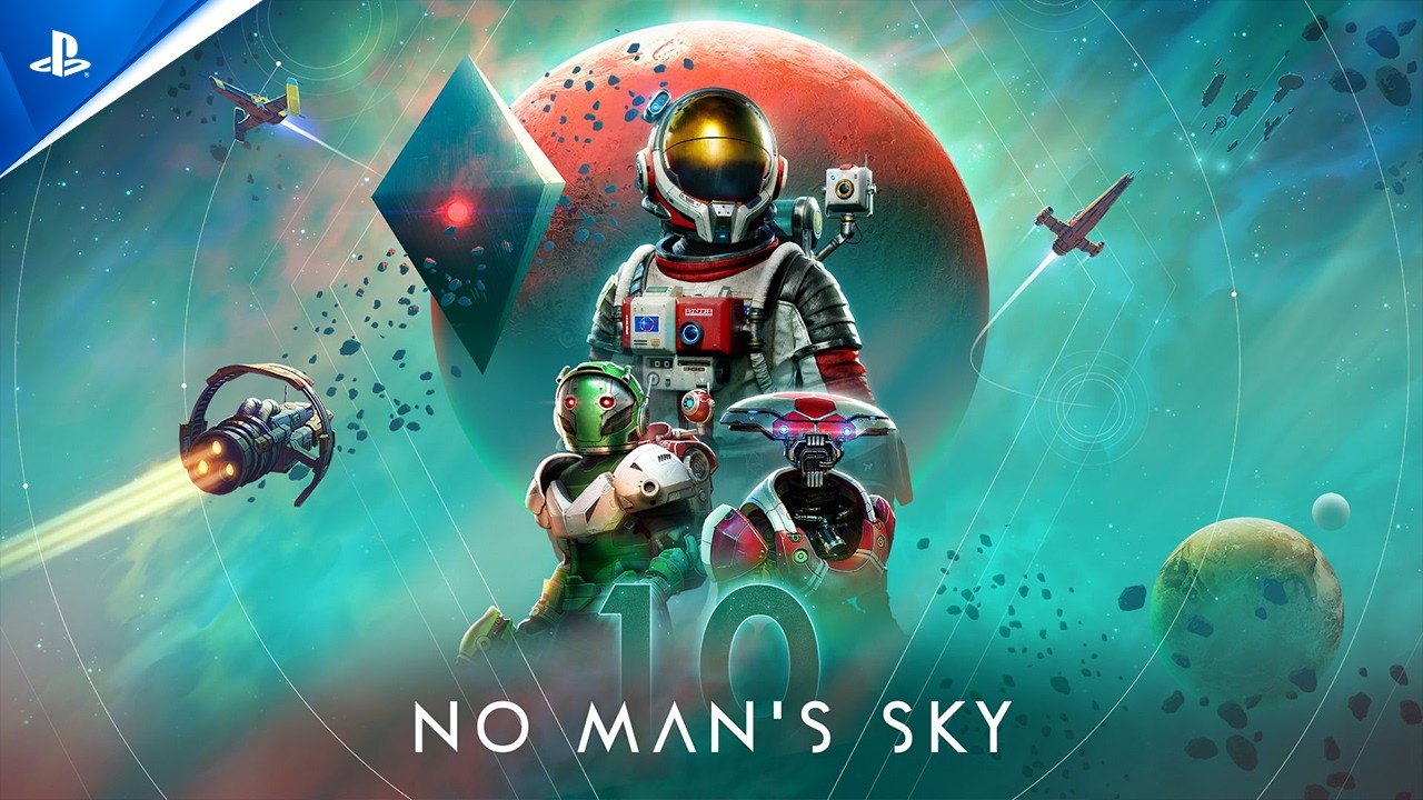 No Man's Sky 10th anniversary key art with a traveler and two companions in front of a red planet and the number ten