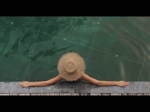 Tropical Banner. Woman in Sun Hat Relaxing in the Pool