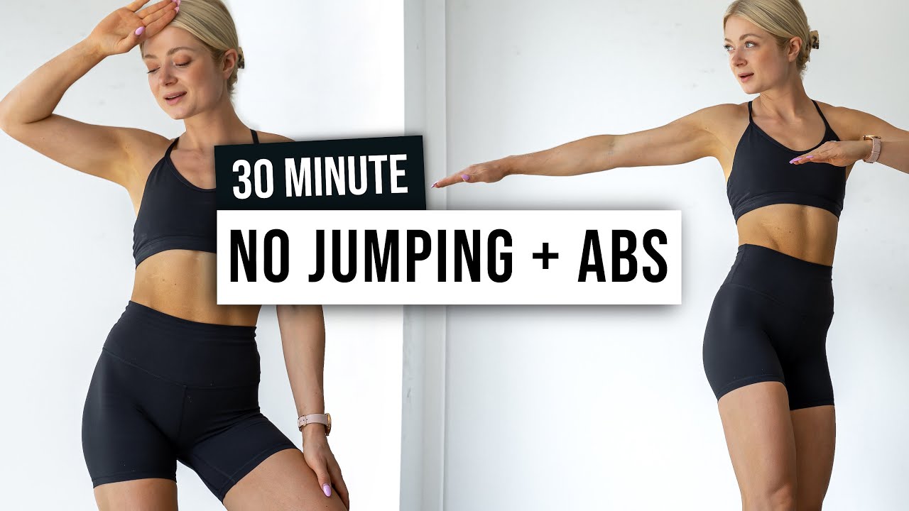 30 MIN NO JUMPING + ABS Workout - No Equipment, No Repeat, Bodyweight Only Home Workout