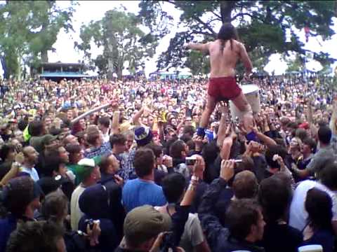 Monotonix live at Golden Plains 2010 - crowd surfing and drumming