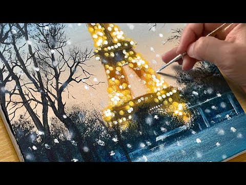 Easy Way to Draw a Snowy Paris Night / Acrylic Painting for Beginners