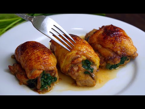 Delicious stuffed chicken thigh recipe rolled with spinach, mushroom & cheese