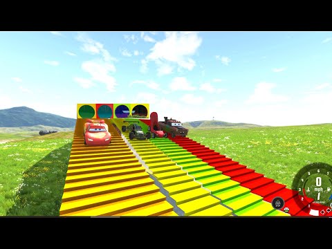 Funny Car vs Stair Colors with Portal Trap - Cars vs Rails and Train - BeamNG Drive