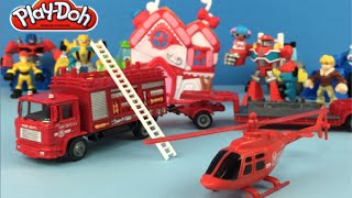 Speedtrack car trailer with helicopter & firetruck help rescue Rosie from a PlayDoh burning house