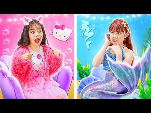 One Colored Makeover Challenge! Hello Kitty Vs Mermaid! - Funny Stories About Baby Doll Family