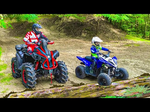 Den and Dad ride on Quad Bikes in the forest Family Fun