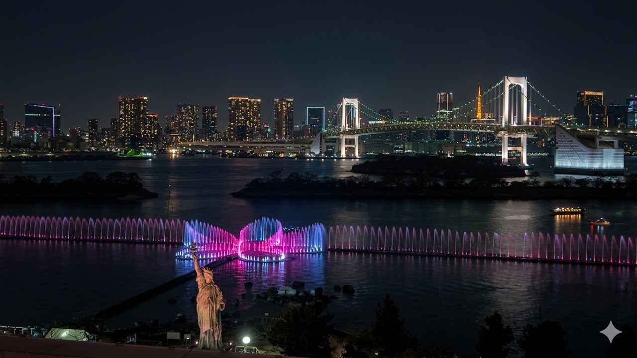 [4K]  Tokyo Aqua Symphony(Sakura Ver), a new landmark fountain at Odaiba Marine Park #japan #tokyo