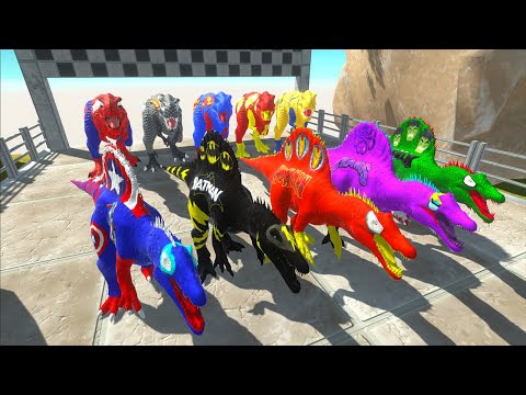 10 Superheros Marvel Dc T-rex vs Spino Hunting found Jurassic world evolution 2 Speed Race Champions