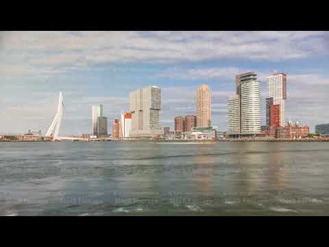 Panorama showing Rotterdam skyline timelapse from Nieuwe Maas River. Netherlands