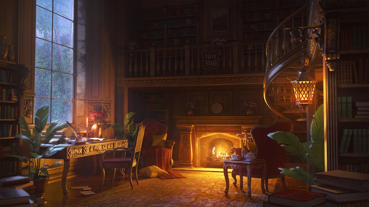 Manor House Library | Rain & Thunderstorm Sounds | Crackling Fireplace | Relax & Study