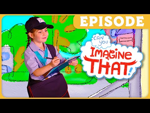 Young girl in a cap and uniform writes on a clipboard against a bright, cartoonish backdrop with the words 'Imagine That!' in a cloud and 'Episode' banner above this educational thumbnail.