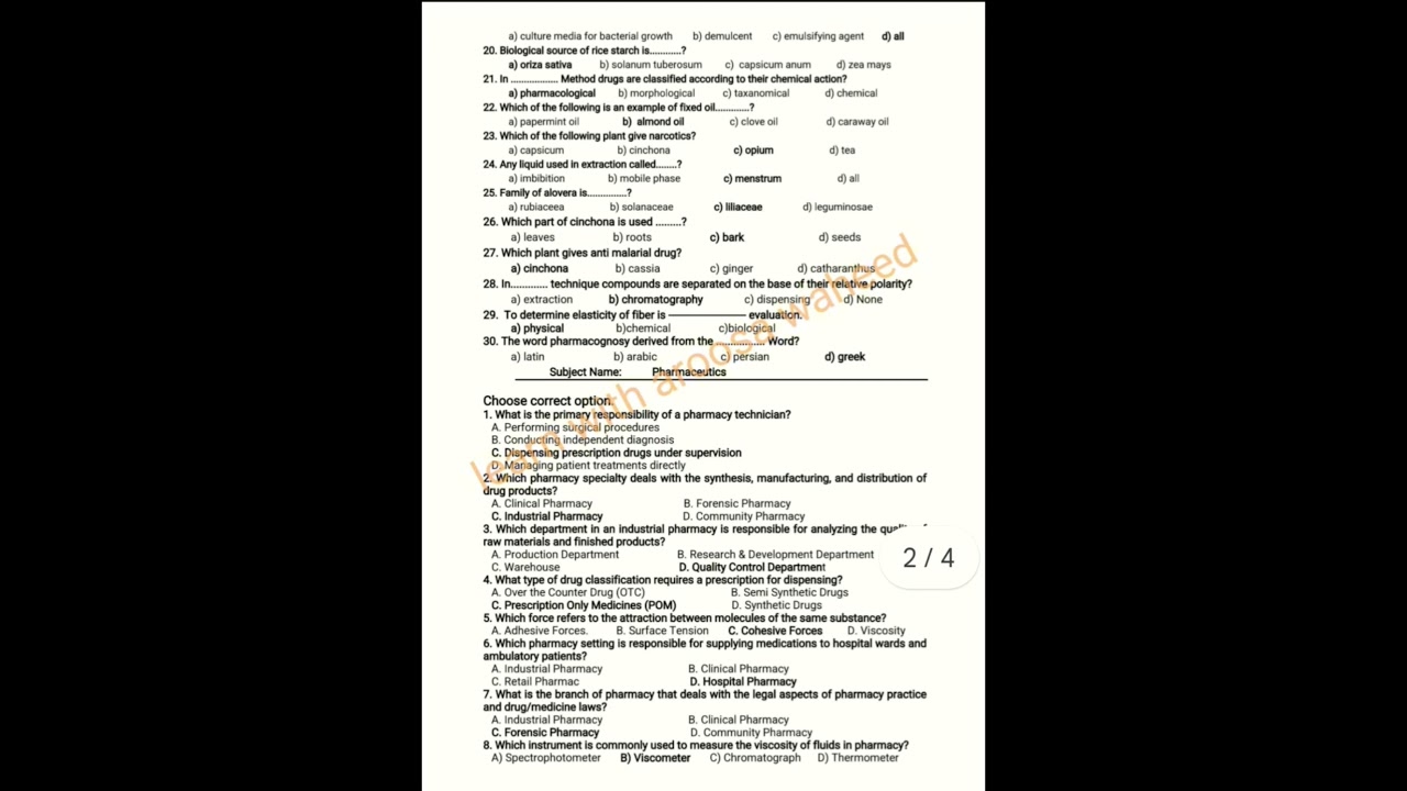 pdf of test based solved paper-2 (1st year) pharmacy technician